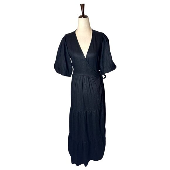 Faithfull The Brand Dress Women 2 Black Linen Edee Wrap Maxi Lagenlook Gothic - Picture 3 of 10
